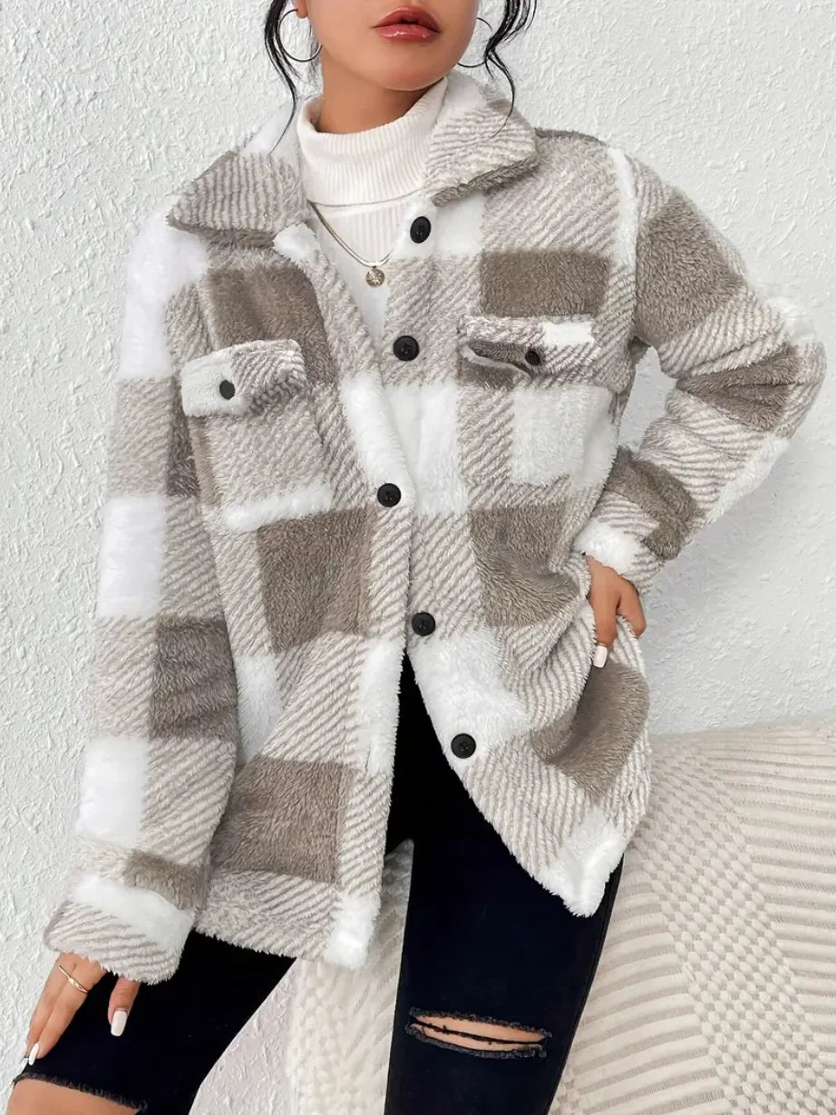 Plaid Pattern Button Front Jacket – Women’s Fall & Winter Outerwear